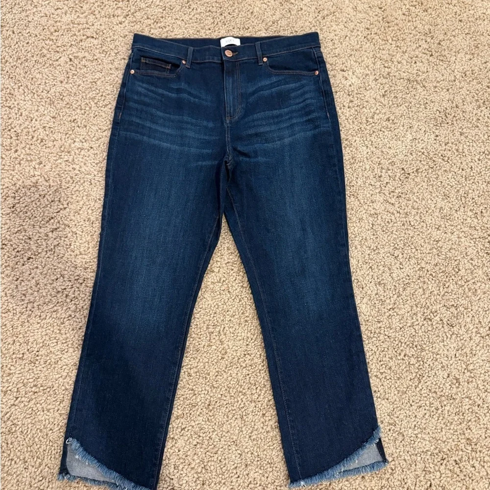 Ann Taylor LOFT Straight Leg Jeans 14 Dark Wash Frayed Hem 28” Inseam NWOT‎
